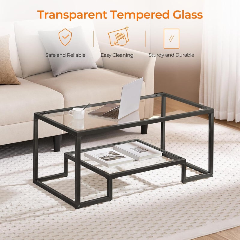 Yaheetech Coffee Table, Tempered Glass Coffee Table, Modern Simple Center Tables w/Geometric-Inspired Design & Metal-Frame & Easy Assembly & Open Storage Shelf for Living Room, Office, Black - Image 4